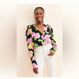 Size 1X AFRM Danna Surplice Bodysuit Floral Black with Pink and Yellow Roses